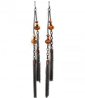 Brown Earring Fish Hook Beads Tassel Multi Strands Metal Chains 6 1 2 Inch Drop 1995-99077BNBRO