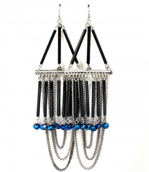 Blue Earring Fish Hook Beads Chandelier Drop Tassel Metal Links 5 Inch Drop 1995-99074SOBLU