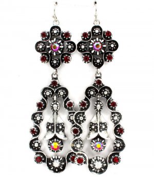 Red Earring Fish Hook Formica Texture Rosette Tear Drop Crystal Studs 4 Inch Drop 1995-99057SORED
