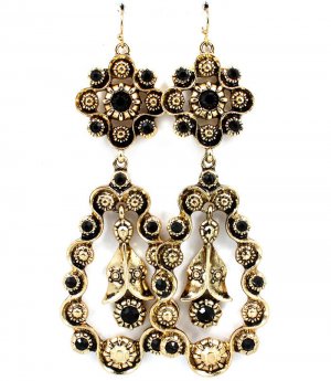 Black Earring Fish Hook Formica Texture Rosette Tear Drop Crystal Studs 4 Inch Drop 1995-99057AGBLK