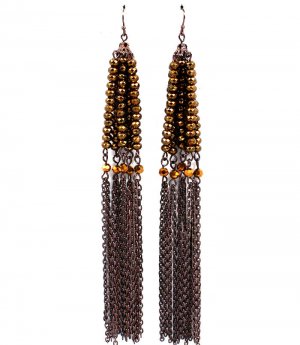 Brown Earring Fish Hook Beads Tassel Metal Links 5 1 2 Inch Drop 1995-99047COBRO
