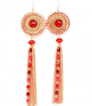 Red Earring Fish Hook Mesh Chain Beads Tassel 4 Inch Tassel 6 Inch Drop Nickel And C 1995-99010CORED