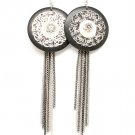 Black Earring Fish Hook Filigree Wood Tassel 2 Inch Disk 4 Inch Tassel 6 Inch Drop 1995-99006RDBLK