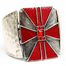 Red Bracelet Cuff Metal Casting Glass Stone Vinyl Cover Texture 2 Inch Width 1992-99006SORED