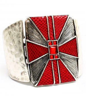 Red Bracelet Cuff Metal Casting Glass Stone Vinyl Cover Texture 2 Inch Width 1992-99006SORED