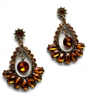 Brown Earring Tear Drop Crystal Studs Navette Cut Dangle 1 3 4 Inch Drop 1965-99326BOBRO