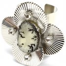 White Bracelet Cuff Chunky Crystal Stone Gem Stone Flower Metal Casting 4 Inch Width 1962-99217RDWHT