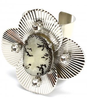 White Bracelet Cuff Chunky Crystal Stone Gem Stone Flower Metal Casting 4 Inch Width 1962-99217RDWHT