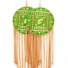 Green Earring Fish Hook Metal Disc Tassel Texture Painted 3 Inch Tassel 5 Inch Drop 13135-1131GDGRN