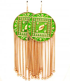 Green Earring Fish Hook Metal Disc Tassel Texture Painted 3 Inch Tassel 5 Inch Drop 13135-1131GDGRN