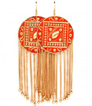 Coral Earring Fish Hook Metal Disc Tassel Texture Painted 3 Inch Tassel 5 Inch Drop 13135-1131GDCOL
