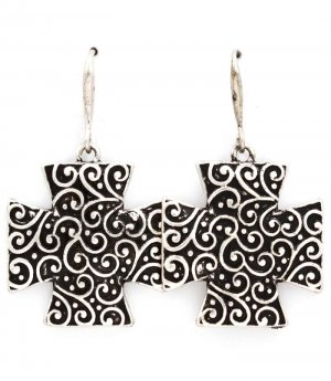 Silver Colored Earring Fish Hook Cross Texture 1 1 2 Inch Drop / 219205-3219SOSIV