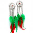 Green Earring Linear Drop Crystal Stone Feather Tassel Rosette Filigree 8 Inch Drop 1965-99240RDGRN