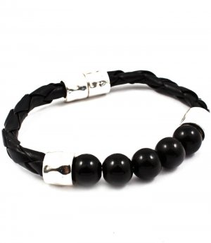 Black Bracelet Hinge Magnetic Bead Faux Leather Texture 2 3 4 Inch Width 43232-0278MSBLK