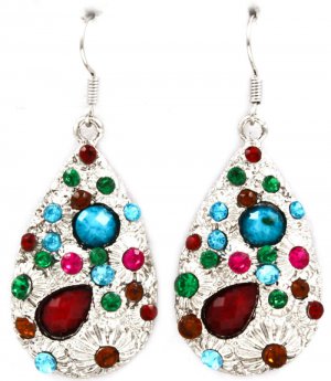 Multi Colored Earring Fish Hook Tear Drop Crystal Studs Texture 1 3 4 Inch Drop 32529-3503RDMLT