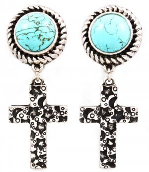 Turquoise Earring Clip On Cross Star Moon Texture Turquoise Stone 2 Inch Drop / 219205-3222SOTUQ