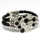 Black Bracelet Cord Crystal Studs Two Row Magnetic Braided Faceted Texture 1 1 2 I 210152-02191ASBLK