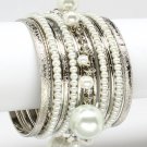 White Bracelet Bangle Stackable Crystal Studs Faux Pearl Texture 2 Inch Width 11622-0416RDWHT