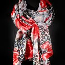 Red Fashion Scarf Flower And Animal Print Silk Feel 30% Silk 70% Polyester 27.5 Inch X  4566-9961RED