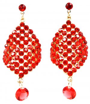 Red Earring Post Earring Bead Crystal Studs Diamond Shape 2 Inch Drop / 53535-9124GDRED