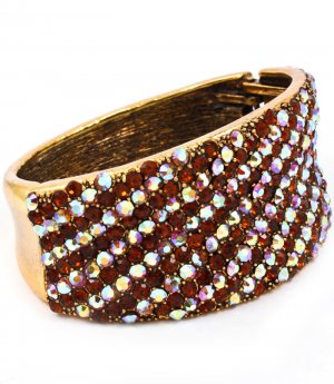 Brown Bracelet Hinge Crystal Studs Metal Casting Texture 2 3 4 Inch Width / 53230-199GDBRO