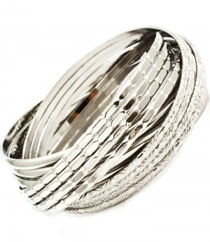 Silver Colored Bracelet Bangle Stackable Metal Casting Linked Various Hoops Texture 32228-34797RDSIV