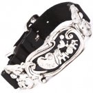 Clear Bracelet Bangle Faux Leather Metal Casting Crytsal Studs Engraved Love Mom Tex 25182-3194ASCLR