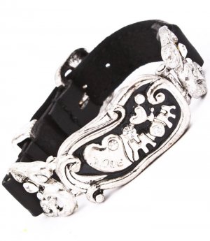 Clear Bracelet Bangle Faux Leather Metal Casting Crytsal Studs Engraved Love Mom Tex 25182-3194ASCLR