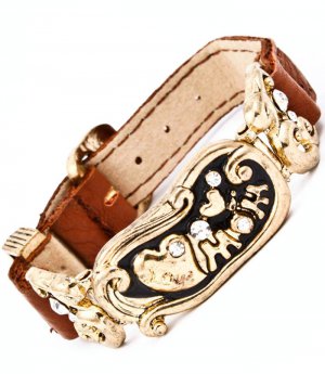 Clear Bracelet Bangle Faux Leather Metal Casting Crytsal Studs Engraved Love Mom Tex 25182-3194AGCLR