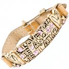 Pink Bracelet Bangle Faux Leather Metal Casting Crystal Studs Engraved I Love You Te 25182-3193AGPNK