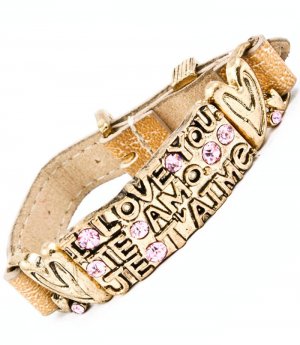Pink Bracelet Bangle Faux Leather Metal Casting Crystal Studs Engraved I Love You Te 25182-3193AGPNK