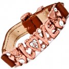 Clear Bracelet Bangle Faux Leather Metal Casting Crystal Studs Love Texture 2 Inch W 25182-3192COCLR