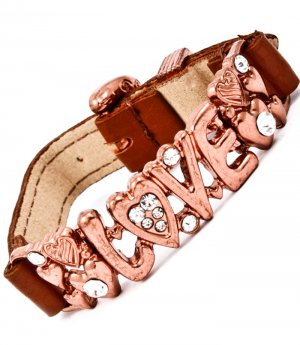 Clear Bracelet Bangle Faux Leather Metal Casting Crystal Studs Love Texture 2 Inch W 25182-3192COCLR