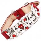 Red Bracelet Bangle Faux Leather Metal Casting Crystal Studs Love Texture 2 Inch Wid 25182-3192ASRED