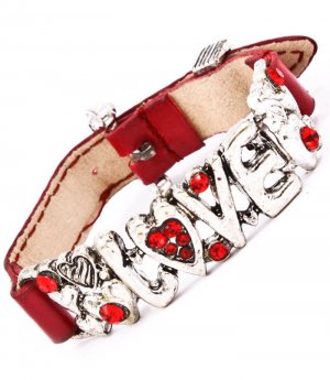 Red Bracelet Bangle Faux Leather Metal Casting Crystal Studs Love Texture 2 Inch Wid 25182-3192ASRED