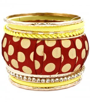 Yellow Bracelet Bangle Stackable Crystal Studs Prong Set Fabric Painted Polka Dots Va 2432-6909GDYEW