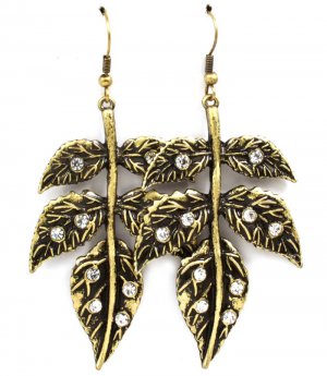 Clear Earring Fish Hook Metal Leaves Crystal Studs Texture 2 1 2 Inch Drop 23145-0871BOCLR