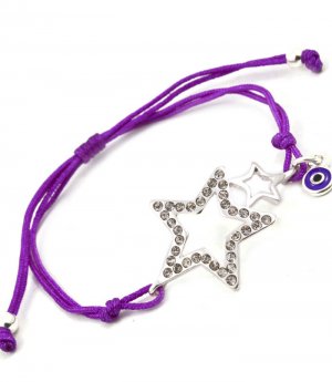 Purple Bracelet Cord Adjustable Crystal Studs Stars Evil Eye Enamel 10 Inch Long 210152-03069SVPUR