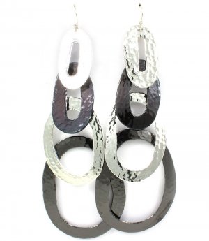 Silver Colored Earring Fish Hook Metal Casting Texture Oval Layered 5 Inch Drop 25185-3002TTSIV