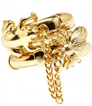 Gold Colored Ring Adjustable Stretch Stackable 2 Ring Set Crystal Studs Frog Bee 15 251818-2042GDGOD