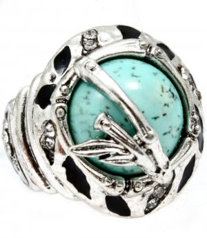 Turquoise Ring Adjustable Stretch Formica Bamboo Crystal Studs Texture 15 Mm Tall 251818-20393ASTUQ