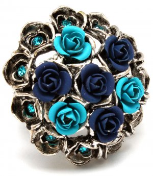 Teal Ring Adjustable Stretch Chunky Crystal Studs Flower Bouquet Texture 1 1 2 Inc 251818-10211SOTEL