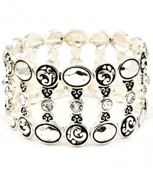 Clear Bracelet Bangle Stretch Metal Casting Crystal Studs Oval Disc Texture 2 1 2  210152-02929ASCLR