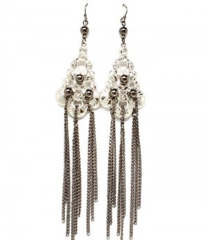 Silver Colored Earring Fish Hook Chandelier Drop Bead Tassel Filigree 5 Inch Drop 1995-99013TTSIV