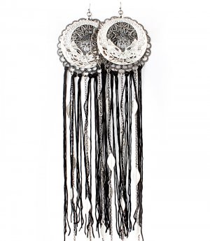 Black Earring Fish Hook Oversize Filigree Tassel Cord Metal Leaves Charm 12 Inch Dro 1965-99610TTBLK