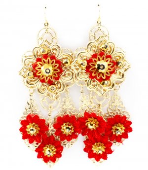 Red Earring Fish Hook Chandelier Drop Beads Fabric Thread Filigree 4 1 2 Inch Drop 1965-99589GDRED