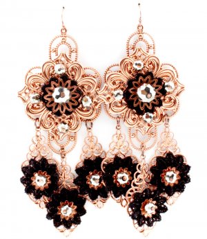 Black Earring Fish Hook Chandelier Drop Beads Fabric Thread Filigree 4 1 2 Inch Drop 1965-99589COBLK