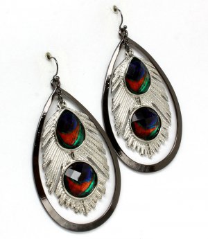 Black Earring Tear Drop Fish Hook Peacock Feather Dangle Texture 2 1 2 Inch Drop 1965-99495TTBLK