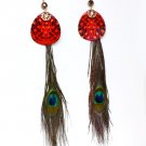 Red Earring Linear Drop Oversized Fish Hook Peacock Feather Bead Pierced 10 Inch Dro 1965-99445CORED