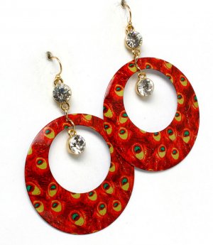 Red Earring Fish Hook Hoop Metal Casting Peacock Pierced Dangle 2 1 2 Inch Drop 1965-99443GDRED